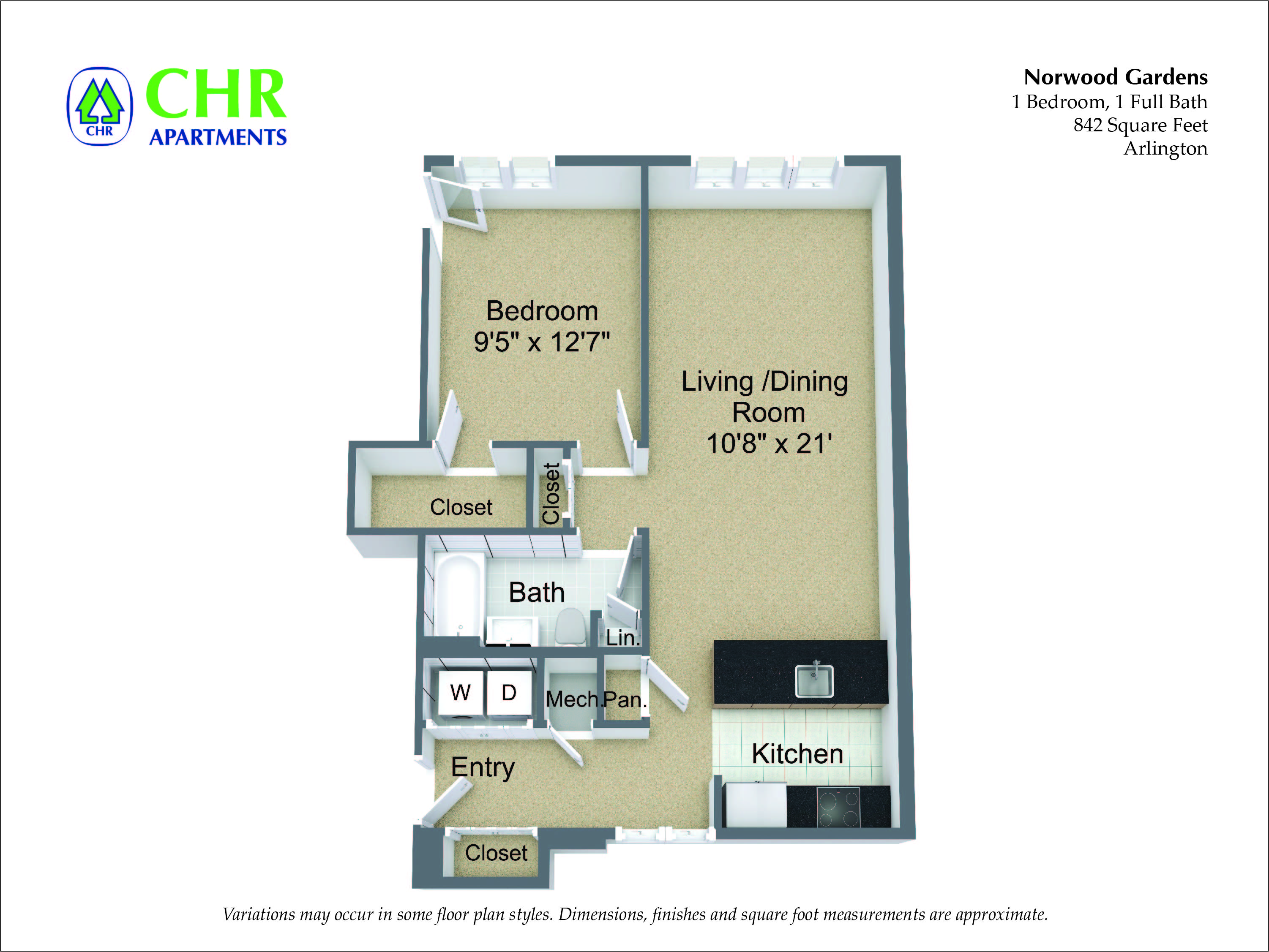 Floor plan for 1 bed, 1 bath, 871 sqft